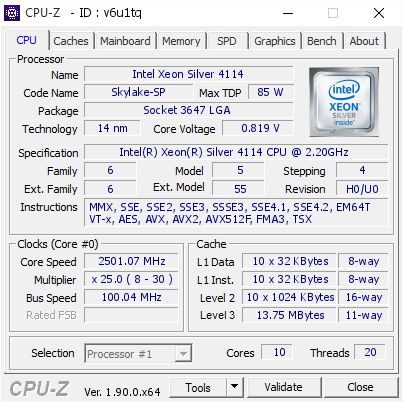 screenshot of CPU-Z validation for Dump [v6u1tq] - Submitted by  StingerYar  - 2019-12-08 19:39:59