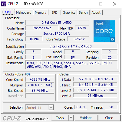 screenshot of CPU-Z validation for Dump [v8qk28] - Submitted by  RAČUNALO  - 2024-03-22 18:07:41