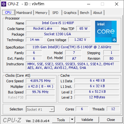 screenshot of CPU-Z validation for Dump [v9vf9m] - Submitted by  JCK  - 2024-04-20 05:29:15