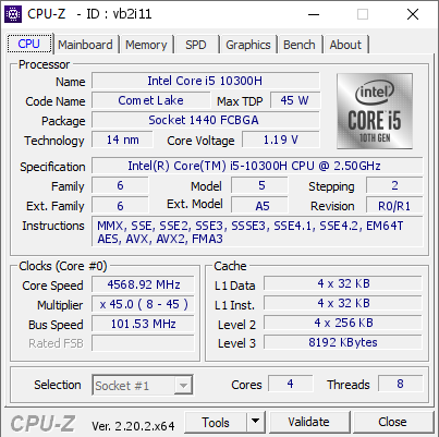 screenshot of CPU-Z validation for Dump [vb2i11] - Submitted by  LAPTOP-RU1NKH4A  - 2026-06-19 17:40:25