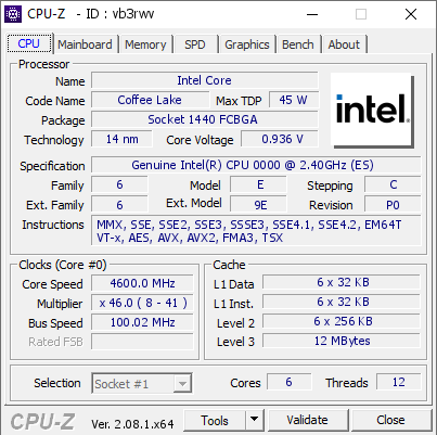 screenshot of CPU-Z validation for Dump [vb3rwv] - Submitted by  DESKTOP-DHULQLP  - 2024-01-01 09:07:47
