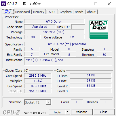 screenshot of CPU-Z validation for Dump [vc60yv] - Submitted by  Boblemagnifique Duron 1600 LN2  - 2022-12-18 01:41:12