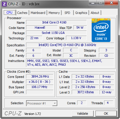 Intel Core i3 4160 @ 3894.26 MHz - CPU-Z VALIDATOR