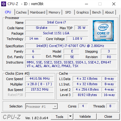 screenshot of CPU-Z validation for Dump [vem3bk] - Submitted by  feketekaro  - 2017-12-15 08:39:13