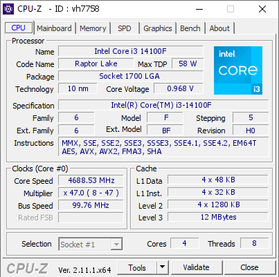 screenshot of CPU-Z validation for Dump [vh7758] - Submitted by  WINZOZ  - 2024-11-02 11:41:12