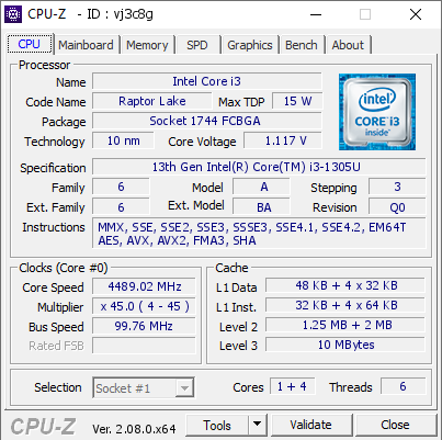 screenshot of CPU-Z validation for Dump [vj3c8g] - Submitted by  Anonymous  - 2023-10-23 05:17:37