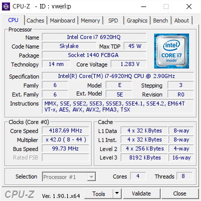 screenshot of CPU-Z validation for Dump [vwerkp] - Submitted by  MSI GTX 980 SLI NOTEBOOK  - 2019-12-08 14:15:28