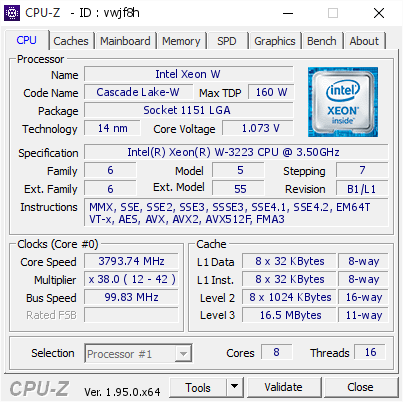 screenshot of CPU-Z validation for Dump [vwjf8h] - Submitted by  PRECISION7920R  - 2021-02-26 03:09:23