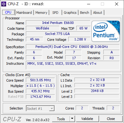 screenshot of CPU-Z validation for Dump [vwxazk] - Submitted by  zombie568  - 2022-10-23 20:42:50