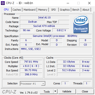 screenshot of CPU-Z validation for Dump [vxib1n] - Submitted by  Fujitsu Lifebook U810, 1GB, Win7 x86  - 2017-05-28 23:09:51