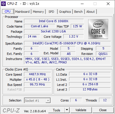 Intel Core i5 10600K @ 4487.9 MHz - CPU-Z VALIDATOR