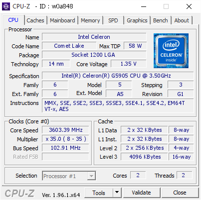 screenshot of CPU-Z validation for Dump [w0a848] - Submitted by  espo_sun  - 2021-06-13 11:08:35