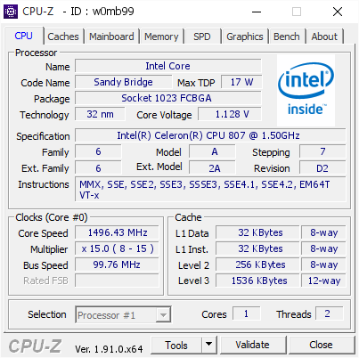 screenshot of CPU-Z validation for Dump [w0mb99] - Submitted by  DESKTOP-4L1RMKM  - 2019-12-29 13:14:19