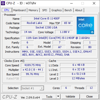 screenshot of CPU-Z validation for Dump [w37uhv] - Submitted by  Anonymous  - 2024-04-25 08:09:40