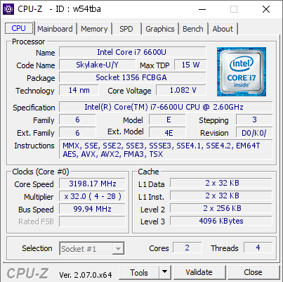 screenshot of CPU-Z validation for Dump [w54tba] - Submitted by  DELL  - 2023-09-26 17:29:12