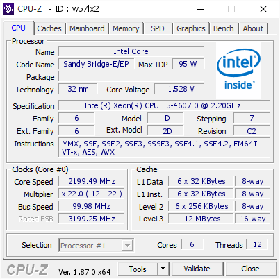 screenshot of CPU-Z validation for Dump [w57lx2] - Submitted by  Anonymous  - 2018-12-08 15:50:33