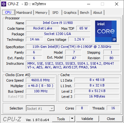 Intel Core i9 11900 @ 4600 MHz - CPU-Z VALIDATOR