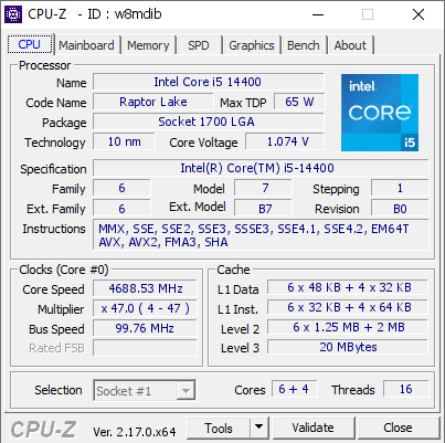 screenshot of CPU-Z validation for Dump [w8mdib] - Submitted by  MARIOSKISTE  - 2025-11-08 10:59:40