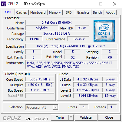 screenshot of CPU-Z validation for Dump [w9x9pw] - Submitted by  Brynjar  - 2017-01-14 22:46:04