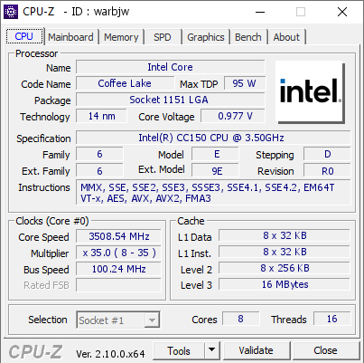 screenshot of CPU-Z validation for Dump [warbjw] - Submitted by  Anonymous  - 2024-09-01 17:55:37