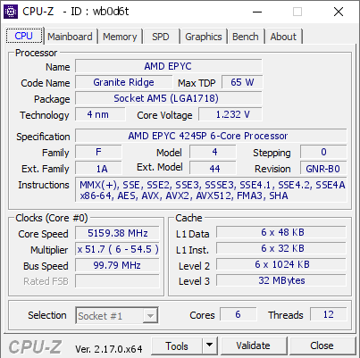 screenshot of CPU-Z validation for Dump [wb0d6t] - Submitted by  Anonymous  - 2025-11-26 10:39:51