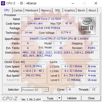 screenshot of CPU-Z validation for Dump [wbaxqx] - Submitted by  DESKTOP-KUBGTHM  - 2021-09-06 21:54:56