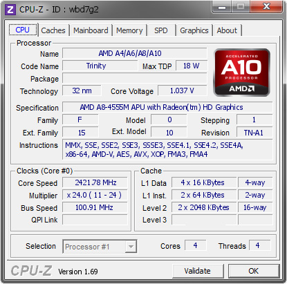screenshot of CPU-Z validation for Dump [wbd7g2] - Submitted by  WAYFASTLT  - 2014-07-07 18:07:06