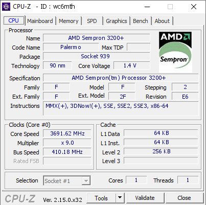 screenshot of CPU-Z validation for Dump [wc6mth] - Submitted by  Sparks.nl  - 2026-09-19 14:38:02