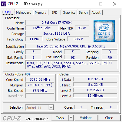 Intel Core i7 9700K @ 5090.06 MHz - CPU-Z VALIDATOR