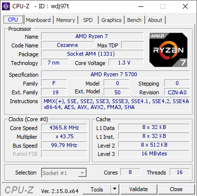AMD Ryzen 7 @ 4365.8 MHz - CPU-Z VALIDATOR