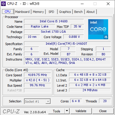 screenshot of CPU-Z validation for Dump [wfi2r8] - Submitted by  DESKTOP-F53Q2AI  - 2024-09-03 21:04:18