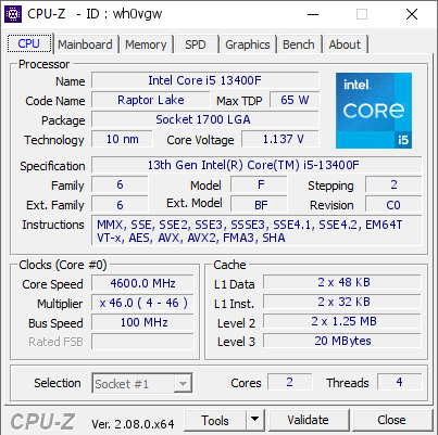 screenshot of CPU-Z validation for Dump [wh0vgw] - Submitted by  DESKTOP-P3HCN9J  - 2024-05-10 23:55:41