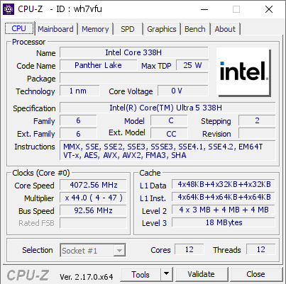 screenshot of CPU-Z validation for Dump [wh7vfu] - Submitted by  ZHIJIAN  - 2026-03-29 06:56:19