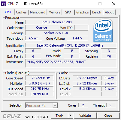 screenshot of CPU-Z validation for Dump [wnz68k] - Submitted by  WIN  - 2019-10-12 11:44:48