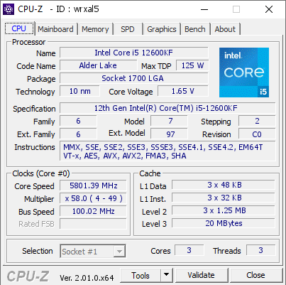 screenshot of CPU-Z validation for Dump [wrxal5] - Submitted by  Muut  - 2022-07-03 20:04:20