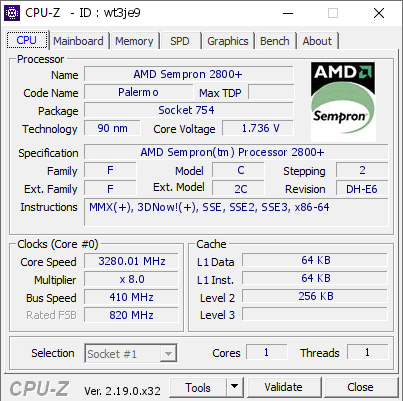 screenshot of CPU-Z validation for Dump [wt3je9] - Submitted by  sebro  - 2026-08-07 18:47:28