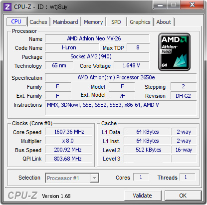 Amd Athlon Neo Mv 26 1607 36 Mhz Cpu Z Validator