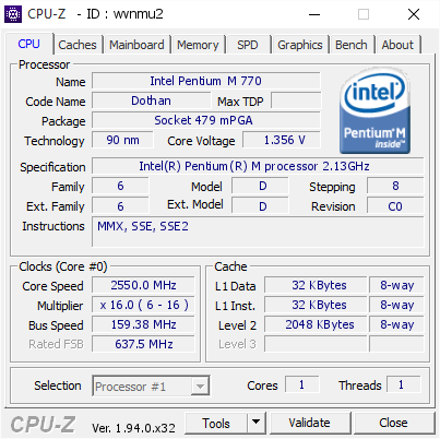 screenshot of CPU-Z validation for Dump [wvnmu2] - Submitted by  Armadillo  - 2020-12-01 00:26:00