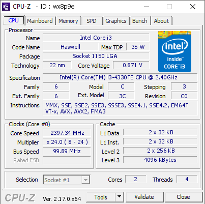 screenshot of CPU-Z validation for Dump [wx8p9e] - Submitted by  PC J I# 4330TE  - 2025-11-07 13:01:05