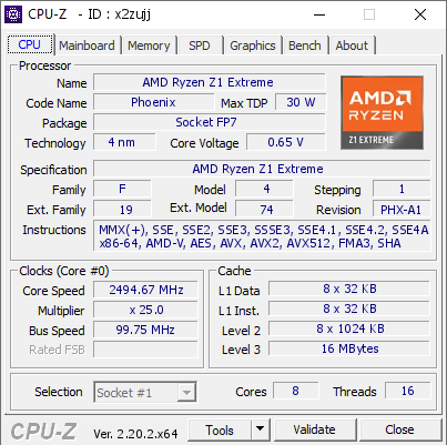 AMD Ryzen Z1 Extreme @ 2494.67 MHz - CPU-Z VALIDATOR AMD Ryzen Z1 Extreme @ 2494.67 MHz - CPU-Z VALIDATOR