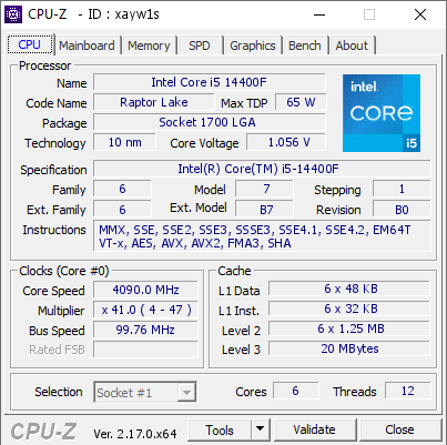 screenshot of CPU-Z validation for Dump [xayw1s] - Submitted by  Anonymous  - 2026-04-04 08:59:39
