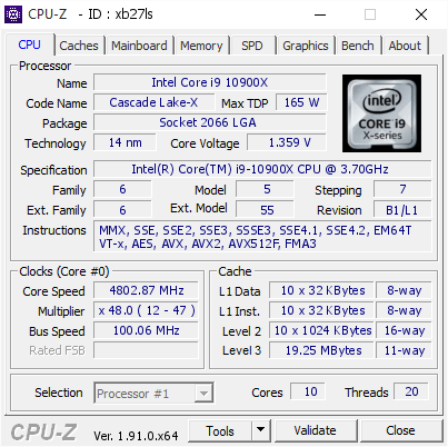 Gewend aan Implicaties peddelen Intel Core i9 10900X @ 4802.87 MHz - CPU-Z VALIDATOR