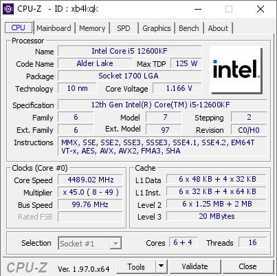Intel Core i5 12600KF @ 4489.02 MHz - CPU-Z VALIDATOR