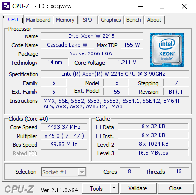 screenshot of CPU-Z validation for Dump [xdgwzw] - Submitted by  Anonymous  - 2024-10-21 17:19:23