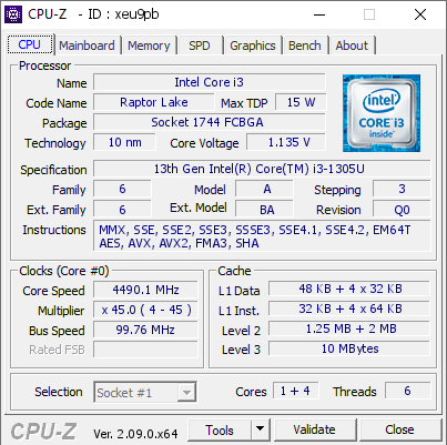 screenshot of CPU-Z validation for Dump [xeu9pb] - Submitted by  LAPTOP-6OI3R27O  - 2024-01-26 08:54:21