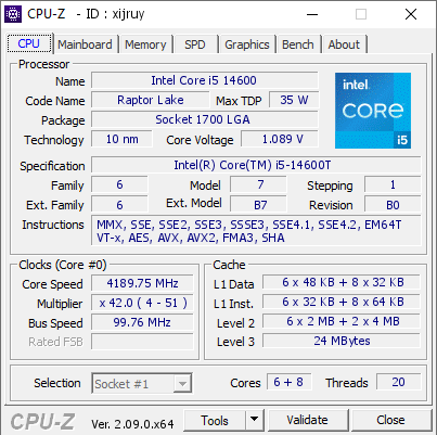 screenshot of CPU-Z validation for Dump [xijruy] - Submitted by  Anonymous  - 2024-05-30 21:39:24
