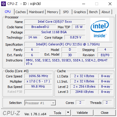 screenshot of CPU-Z validation for Dump [xqln3d] - Submitted by  Anonymous  - 2016-12-27 05:54:05