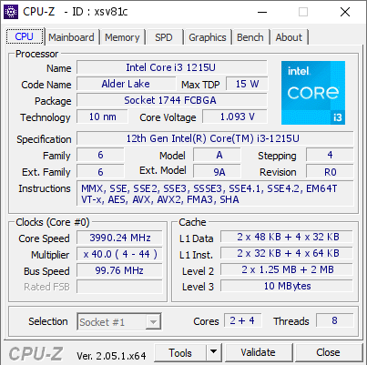 Intel Core i3 1215U @ 3990.24 MHz - CPU-Z VALIDATOR