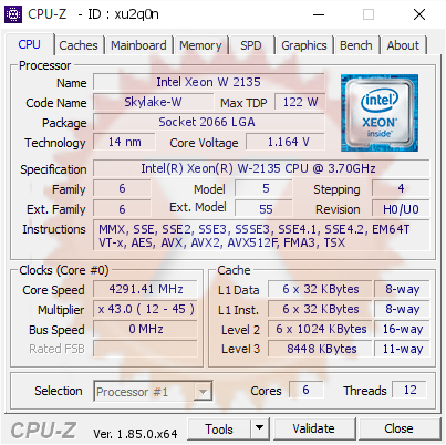 Intel Xeon W 2135 @ 4291.41 MHz - CPU-Z VALIDATOR
