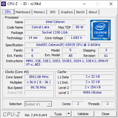 Intel Celeron @ 3592.08 MHz - CPU-Z VALIDATOR